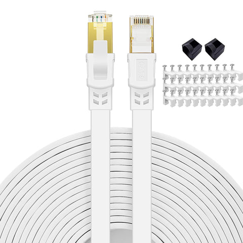 Cat 8 Ethernet Cable 100 ft Flat Internet Network RJ45 Cable Shielded High Speed 2000Mhz 40Gbps LAN Patch Cables Cords for Outdoor, Gaming, Xbox, PS4, Router - Compatible for Cat7/Cat6a/Cat5e - White