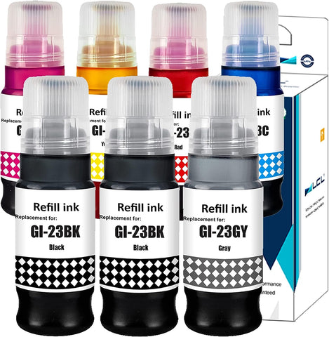 LCL Compatible Ink Bottle Replacement for Canon GI23 GI-23 BK GI-23BK GI-23C GI-23M GI-23Y GI-23R GI-23GY PIXMA G620 (7-Pack 2Black Cyan Magenta Yellow Red Gray)