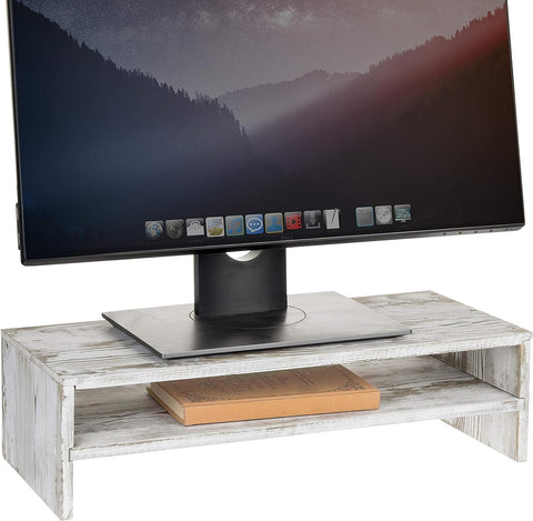 MyGift Shabby Whitewashed Wood Computer Monitor and Laptop Riser Stand for Desk, 2 Tier Office Desktop Storage Shelf