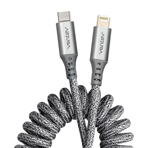 Ventev - chargesync Helix Coiled USB C to Apple Lightning Cable 3ft - Gray