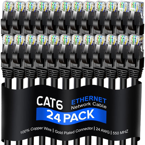 Maximm Cat 6 Ethernet Cable 15.0 Ft, 100% Pure Copper, Cat6 Cable (24 Pack) LAN Cable, Internet Cable and Network Cable - UTP (Black)