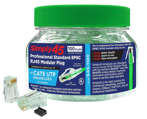 Simply45 Cat 6/6a UTP Unshielded WE/SS RJ45 Standard Modular Plug with Bar45 Load Bar for Cat6/6a - Green Tint - 100-Piece Jar, 3 Prong Pin Design - S45-1100
