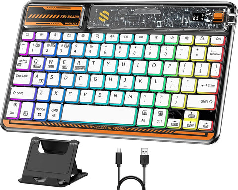 ILAOLIU Rechargeable Bluetooth Keyboard with Digital Display, Multi-Device Slim 7-Colors Backlit Keyboard with Cell Phone Holder Compatible for Tablet Phone iOS Android Windows(White)