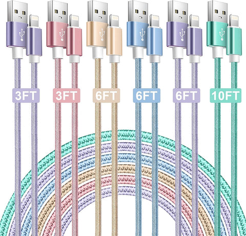 iPhone Charger Cable,Apple MFi Certified 6Pack 3/3/6/6/6/10ft iPhone Lightning Cable USB A Cable Nylon Braided Compatible with iPhone14 Pro/14/13Pro/13/12/11 Pro Max/Mini/XR/XS/X/8/7/6-More Colors