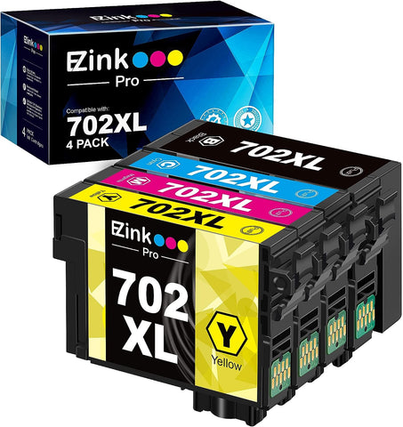 E-Z Ink Pro 702 XL T702XL Ink Cartridge Replacement for Epson 702XL 702 T702 to use with Workforce Pro WF-3720 WF-3730 WF-3733 Printer (1 Large Black, 1 Cyan, 1 Magenta, 1 Yellow, 4 Pack)