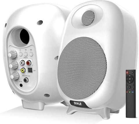 Pyle HiFi 60W Powered Bluetooth Bookshelf Monitor Speaker Set, Optical RCA in, Bass/Treble Adjustable, Deep Bass, 3 Audio Mode, Studio Computer Desk Stereo System, Remote Control, White - PBKSR40WT