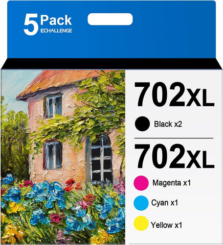 702 702XL 5 Pack Ink Cartridges Replacement for Epson 702 XL 702XL T702XL to Use with Workforce Pro WF-3720 WF-3730 WF-3733 Printer New Upgraded Chip