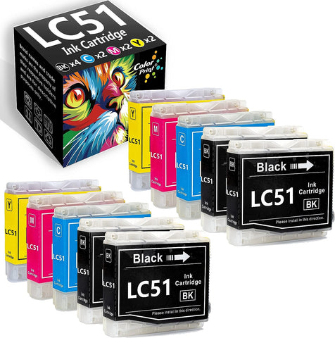 (10-Pack, 4BK,2C,2M,2Y) ColorPrint Compatible LC51 Ink Cartridge Replacement for Brother LC 51 LC-51 fit for DCP-130C DCP-330C DCP-350C MFC-240C MFC-440CN 5460CN 845CW 5860CN 665CW FAX-2480C Printer
