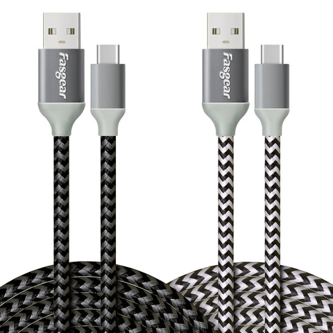 Fasgear USB C to USB A Cables 10ft 2 Pack Long 3A Fast Charging Type-C 2.0 Charger Cable Braided Compatible with Galaxy S21 Plus Note 10 S9 S8 A60 A5/LG V20 G6/Moto G/PS5 Controller (Black,White)