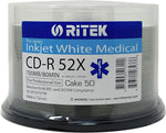 50 Pack Ritek Medical Grade CD-R 52X 700MB/80Min Directive 93/44/EEC and DICOM Compliance White Inkjet Hub Printable Blank Recordable Disc