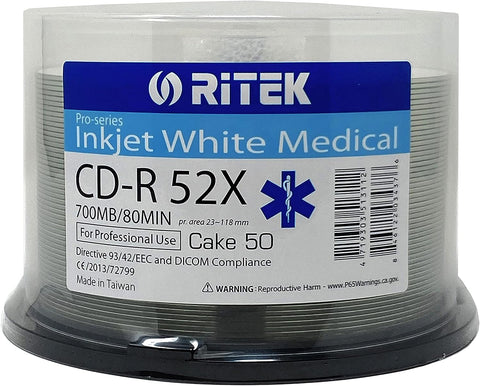 50 Pack Ritek Medical Grade CD-R 52X 700MB/80Min Directive 93/44/EEC and DICOM Compliance White Inkjet Hub Printable Blank Recordable Disc