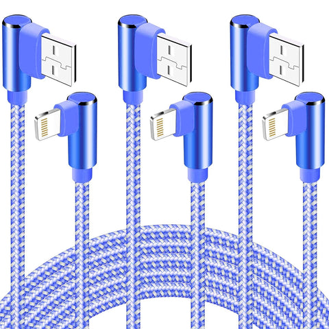 iPhone Charger 10FT,3 Pack 10 Foot Lightning to USB Charging Cable 90 Degree Braided Apple Charger Cord Compatible with iPhone 13/12/11 Pro/11/XS MAX/XR/8/7/6s/6/plus,iPad Pro/Air/Mini (Blue)