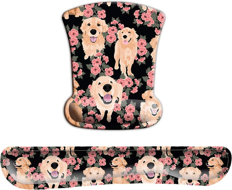 Cute Golden Retriever Dog Flower Mouse Pad with Wrist Support Set for Men Women Kids Laptop Computer Office Home