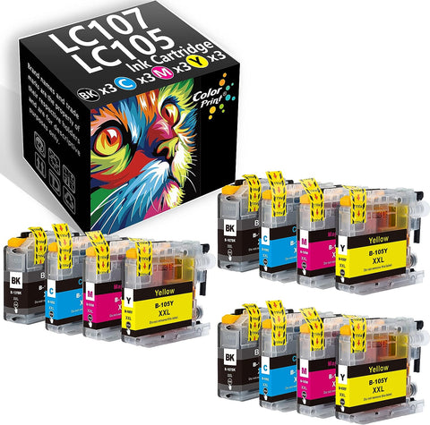 12-Pack ColorPrint Compatible LC107 LC105 Ink Cartridge Replacement for Brother LC107BK LC105C LC105M LC105Y Work with MFC-J4310DW MFC-J4410DW MFC-J4510DW MFC 4610DW J4710DW Printer (3BK, 3C, 3M, 3Y)