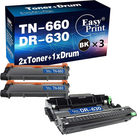 (3-Pack) Compatible 2-Pack TN-660 TN660 Toner Cartridge + 1-Pack DR-630 DR630 Drum Unit Used for Brother HL-L2340DW L2380DW L2340DWR DCP-L2500D L2540DNR MFC-L2720DW L2700DW Printer, by EasyPrint