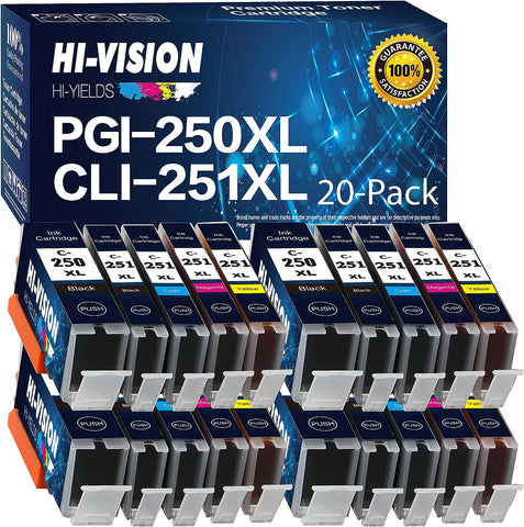 HI-Vision Compatible Ink Cartridge Replacement for Canon PGI-250XL PGI 250 XL CLI-251XL CLI 251 XL to use with PIXMA MX722 MG6620 (4 Large Black, 4 Small Black, 4 Cyan, 4 Magenta, 4 Yellow) 20 Pack