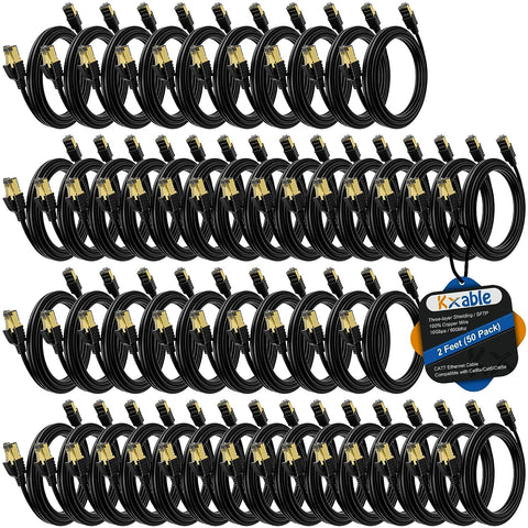 Cat 7 Ethernet Cable 2 Feet (50 Pack), Multi Pack High Speed Internet Cord, CAT7 RJ45 LAN Network Cable, Triple Shielding SFTP 10Gbps 600Mhz Patch Cable, Compatible with CAT6A CAT6 CAT5E CAT5 Cable