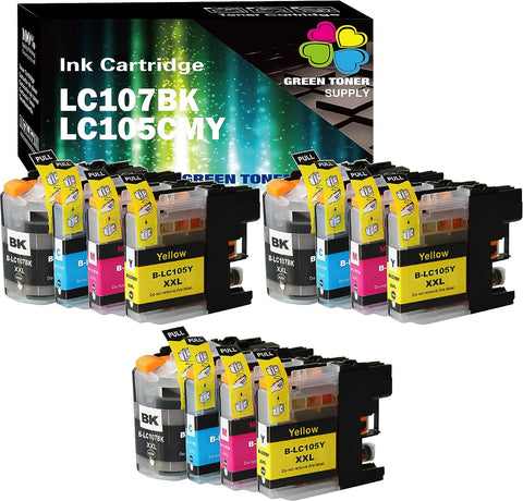 (Pack of 12) Green Toner Supply Compatible Replacement for Brother LC107 LC105 Ink Cartridge LC 107 105 (LC107BK LC105 CYM, 3B/3C/3Y/3M) Work for MFC-J4310DW MFC-J4410DW MFC-J4510DW MFC-4610DW Printer