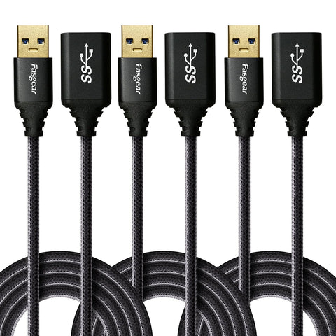 Fasgear USB 3.0 Extension Cable 6ft, 3 Pack 5Gbps USB Type A Male to Female Extender Data Transfer Cords for Playstation, Xbox, VR, USB Flash Drive, Hard Drive, Printer, Camera (Black)