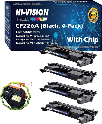 (Value Pack, 4 Pack x Black) Compatible 26X CF226X 26A CF226A Toner Cartridge Replacement, for HP 26A Printers, Sold by HI-VISION HI-YIELDS®