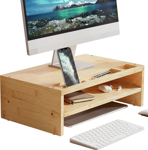 Bamboo Monitor Stand - 2 Tiers Computer Monitor Riser with Storage Organizer, Cellphone Holder, Desk Organizer for Office Accessories for Printer, Computer, Laptop, Notebook, MR3