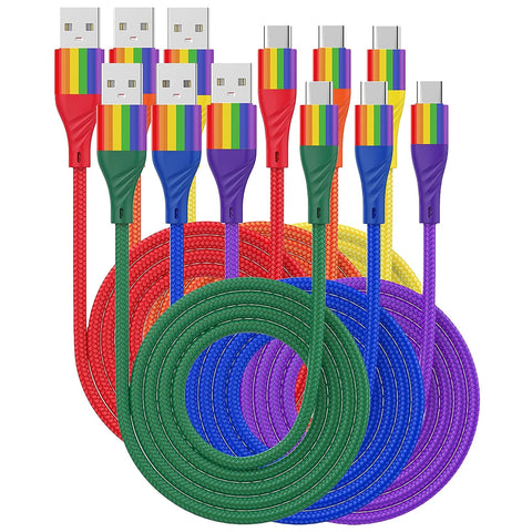 JD Juice Gay Pride USB C Charger Cable 3.1A - USB A to USB C Cable 6ft Long, Rainbow-Colored Shield w/Nylon Braided Cord - Compatible Type C Charging with Smartphones, Tablets, & More - 6-Pack