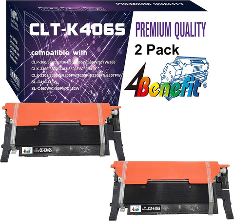 (2xBlack) 4Benefit Compatible CLT-406S Toner Cartridges CLT406S CLT-K406S CLTK406S (Black Only) Work for SL-C410W C460W C460FW CLP-360 CLP-365 CLP-365WCLX-3300 CLX-3305 CLX-3305W Laser Printer