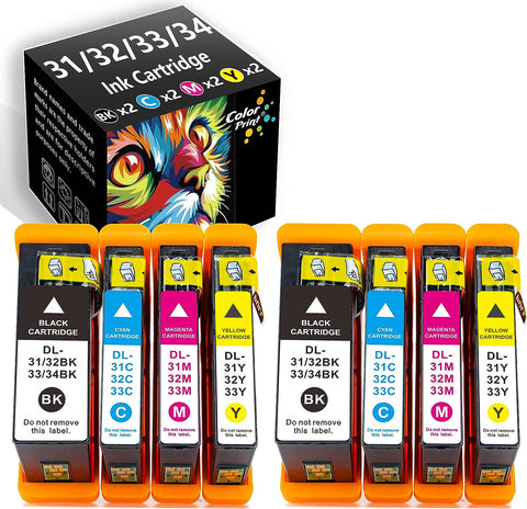 ColorPrint Compatible Ink Cartridge Replacement for Dell 31 32 33 34 Work with V525w V725w 525W 725W V725 V525 Series Printer (2 Black, 2 Cyan, 2 Magenta, 2 Yellow, 8-Pack)